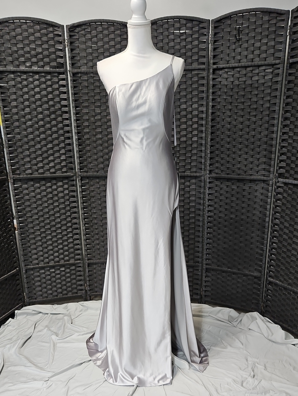 La Femme Silver One-Shoulder Satin Gown with High Slit